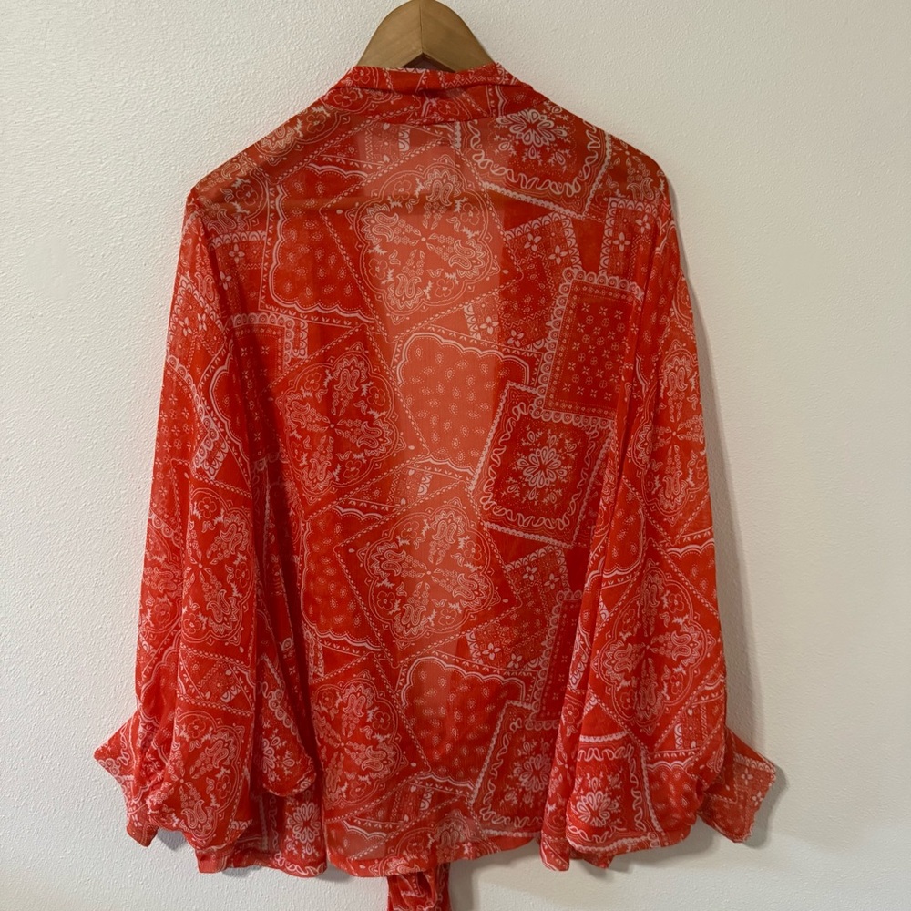 Free People Golden Hour Tie Front Kimono Orange Bandanna Print Sheer Dolman-OS - Picture 3 of 8